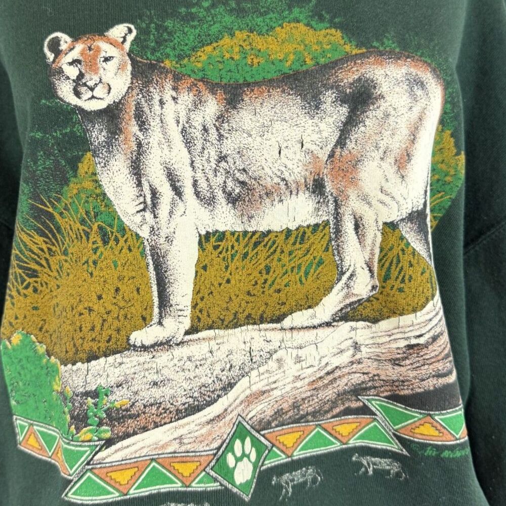 Vintage 90s Fruit of the Loom Panther Cougar Nature Graphic Sweatshirt Green - Picture 4 of 7
